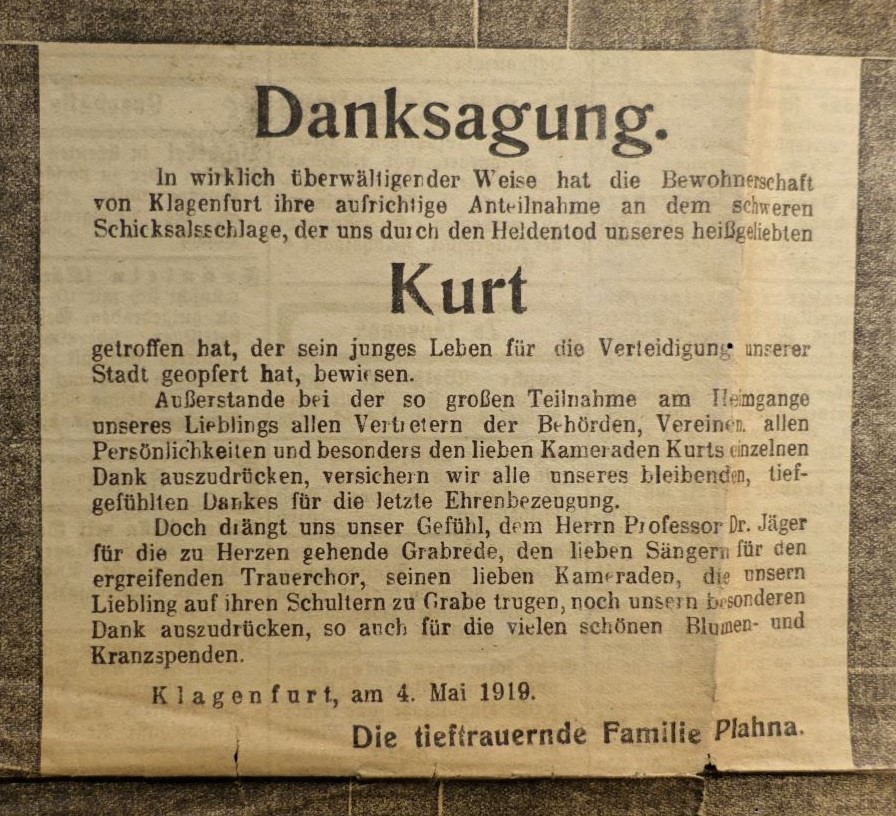 Traueranzeige für Kurt Plahna, 4.5.1919