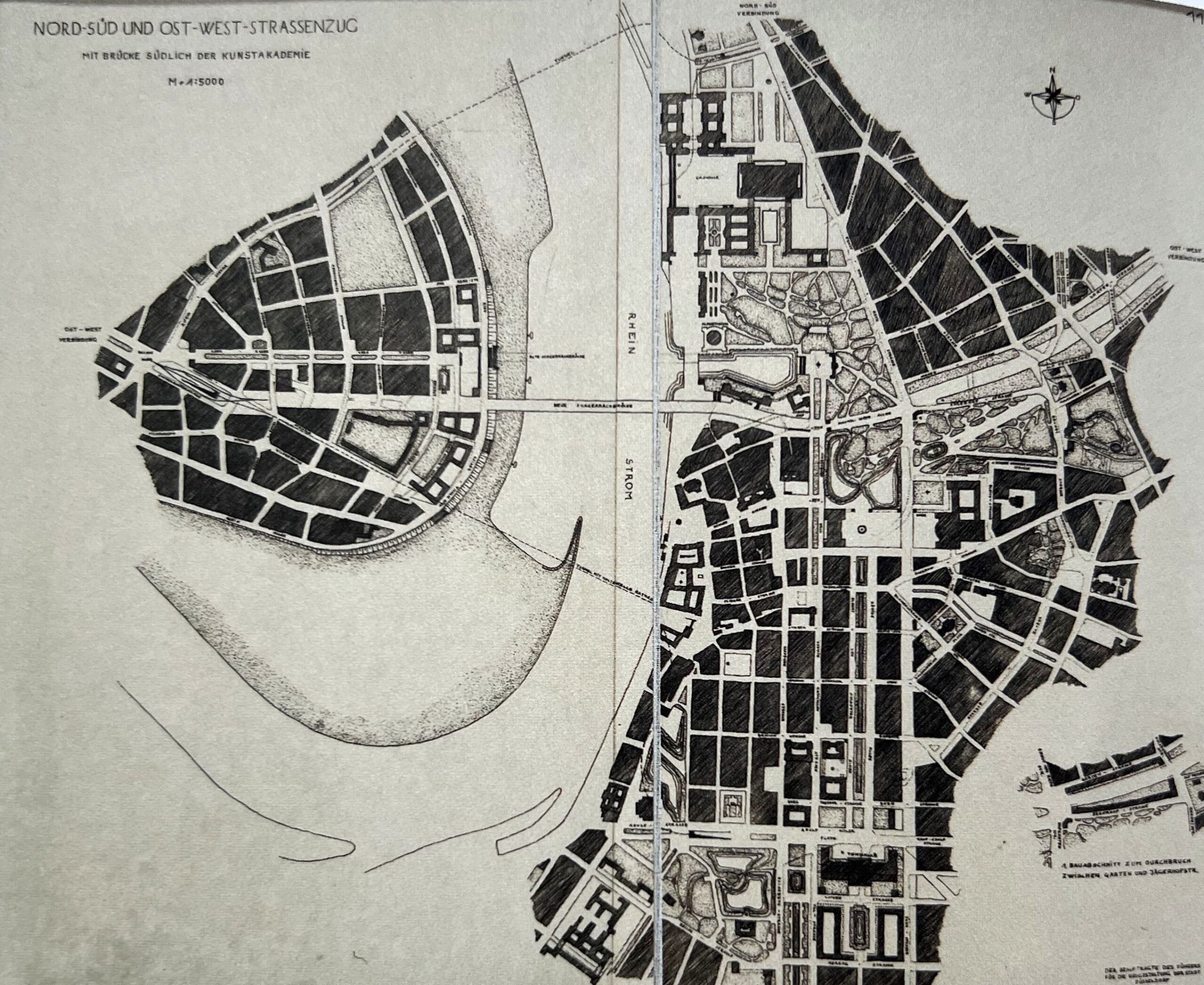 Kurt Groote, Nor-Süd- und Ost-West-Straßenzug Düdf, 1943 (c) Stadtarchiv Düdf - Architektenstreit