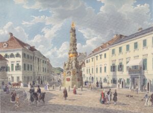 Eduard Gurk, Das Kaiserhaus in Baden bei Wien (am rechten Bildrand), Aquarell, 1833 (© Albertina, Wien)