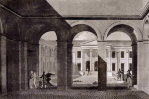 Charles de Moreau, Blick in den belebten Innenhof des Dianabades in Wien-Leopoldstadt, 1821, Aquatinta (© & Foto: Archiv M. K., Wien)
