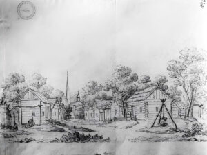 Charles Moreau, Entwurfszeichnung für das Russische Dorf im Garten des Palais Metternich für das Fest anlässlich des Jahrestages der Völkerschlacht bei Leipzig 18. Oktober 1814 (Prag, Národní archiv, Aufnahme Gernot Mayer)