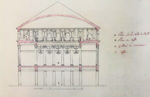 Charles Moreau, Querschnitt des ephemeren Ballsaals im Garten des Palais Metternich Metternich für das Fest anlässlich des Jahrestages der Völkerschlacht bei Leipzig 18. Oktober 1814 (Prag, Národní archiv, Aufnahme Gernot Mayer)