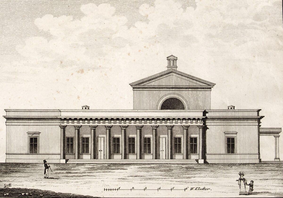 Charles Moreau, Das Frauenbad nach der Eröffnung, Stich aus der Beschreibung von M. J. Mayer, Südfassade, 1821 (Rollettmuseum, Baden – Foto Arnulf Rainer Museum