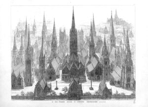 A.N.W. Pugin, The present revival of Christian architecture, Frontispiz aus 'An apology for the revival of Christian Architecture', 1843 (c) Wiki Commons