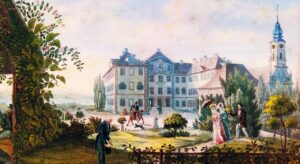 J. H. Bleuler, Schloß Mainau auf der Bodenseeinsel, um 1820, Aquatinta-Radierung (© Graphische Sammlung des Rosengartenmuseums Konstanz)