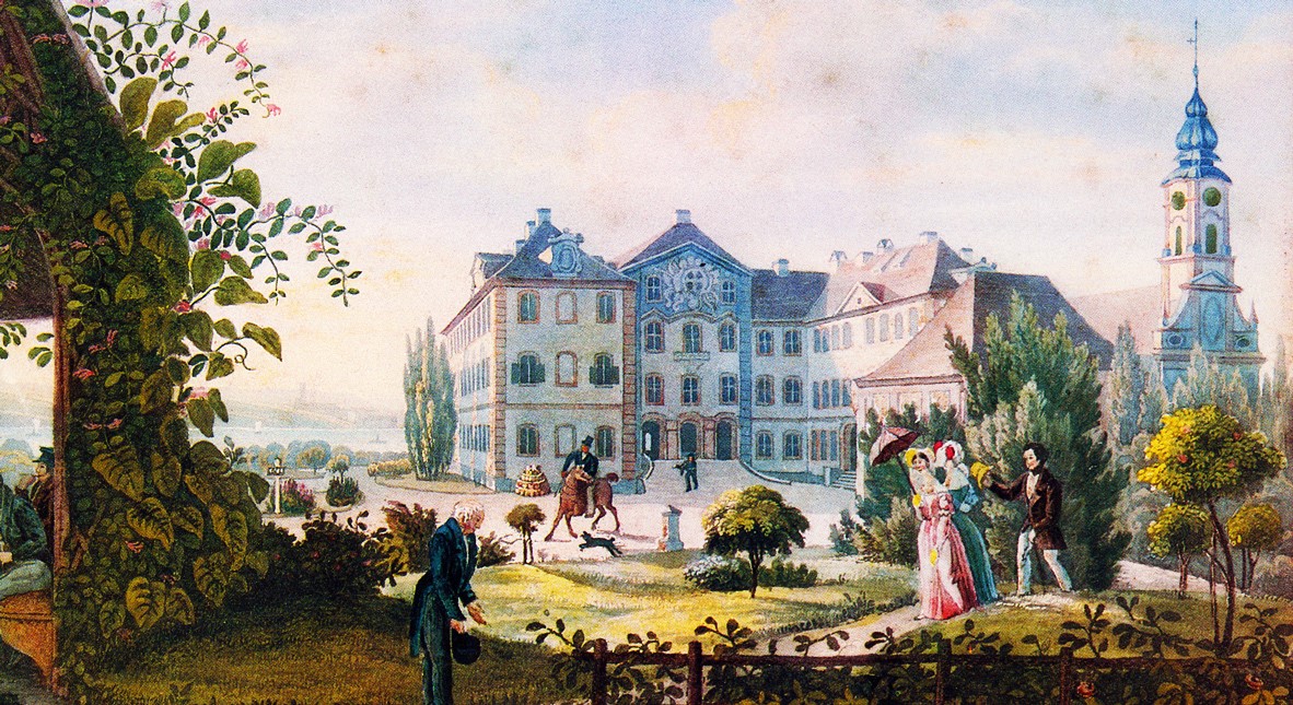 J. H. Bleuler, Schloß Mainau auf der Bodenseeinsel, um 1820, Aquatinta-Radierung (© Graphische Sammlung des Rosengartenmuseums Konstanz)