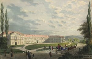 Joseph Kornhäusel, Sauerhof in Baden bei Wien, 1822 (Joseph & Eduard Gurk, aquarellierte Radierung, um 1825, © Wien Museum)