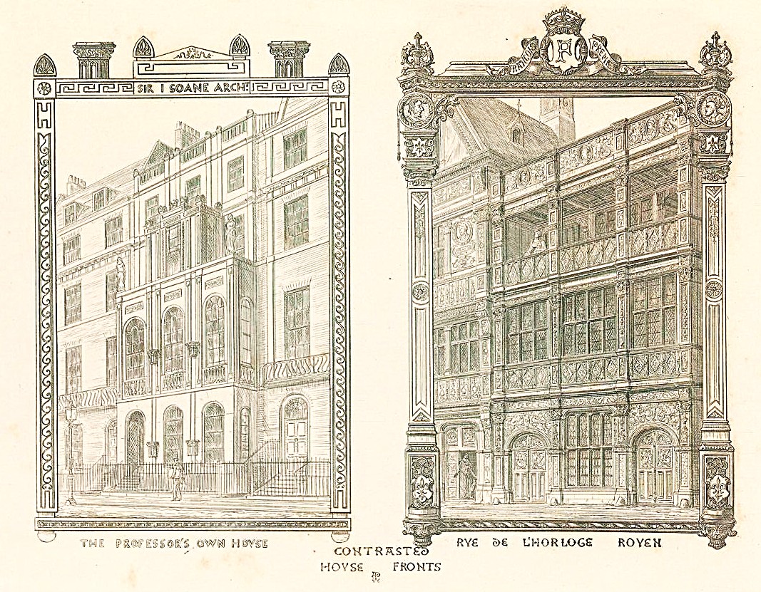 A.W.N. Pugin, Contrasts, 1836, Vergleich des Wohnhauses von John Soane mit einem Spätrenaissance-Haus in Rouen