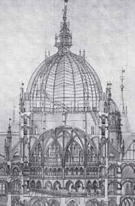 Friedrich von Schmidt, Herrenhaus, Entwurf, 1865, Detail des Gewölbes über dem Sitzungssaal und der äußeren Kuppel mit Eisenkonstruktion © Albertina