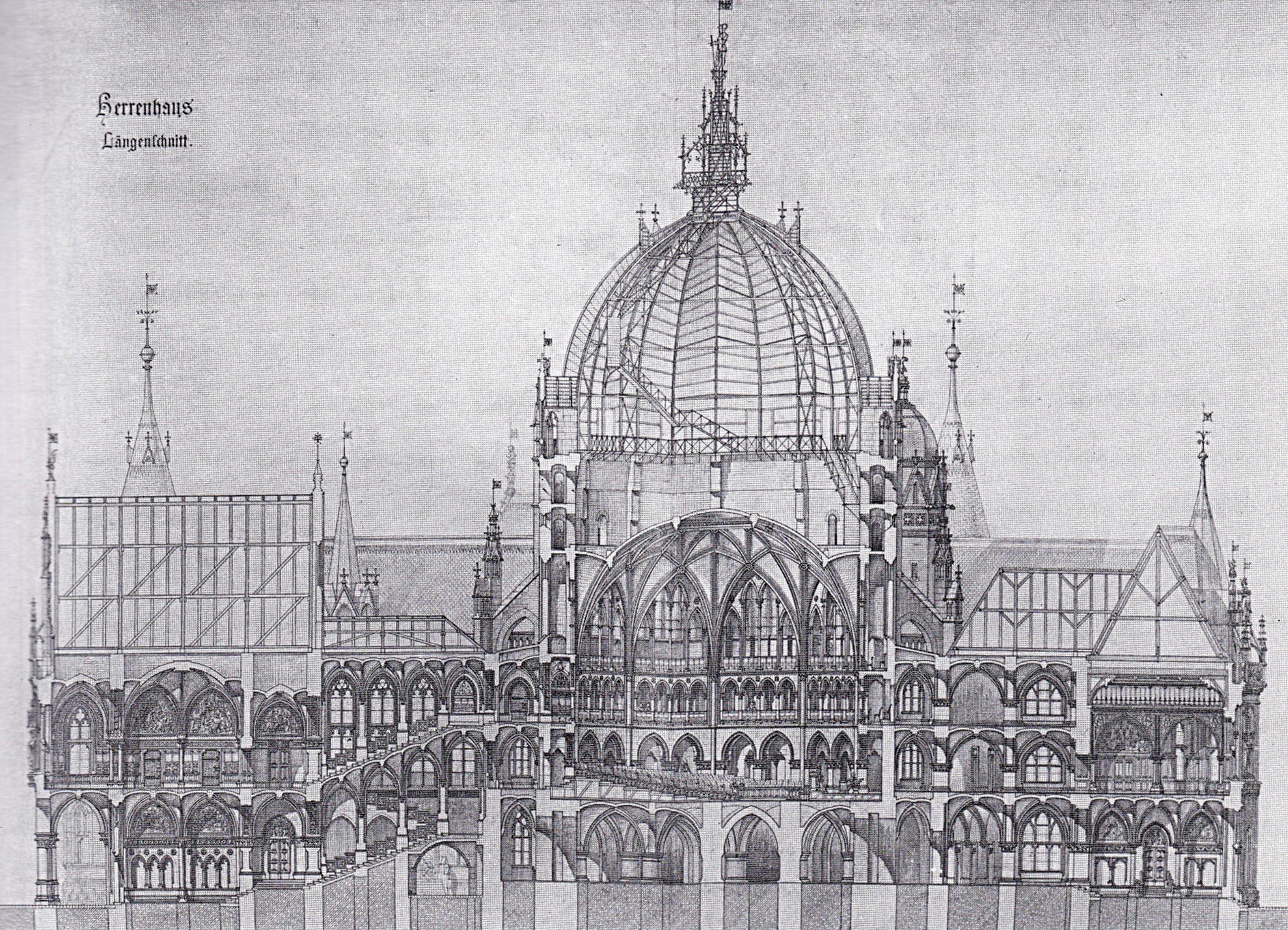 Friedrich von Schmidt, Wettbewerbsprojekt für das Herrenhaus des österreichischen Reichstages, 1865, Schnitt © Albertina