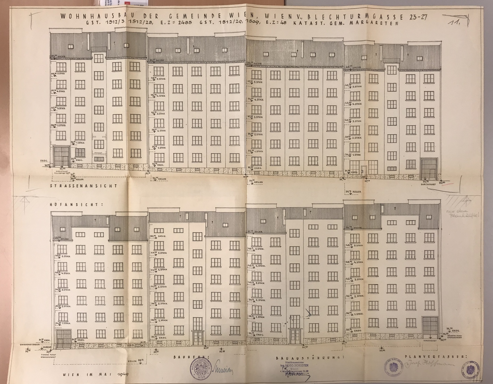 Josef Hoffmann, Josef Kalbac, Wohnhaus der Stadt Wien Blechturmgasse, 1949/50, Einreichpläne © Stadt Wien, MA 37