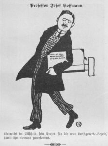 Josef Hoffmann mit Ausbauplänen der Kunstgewerbeschule, Karikatur, Figaro, Wien 1907
