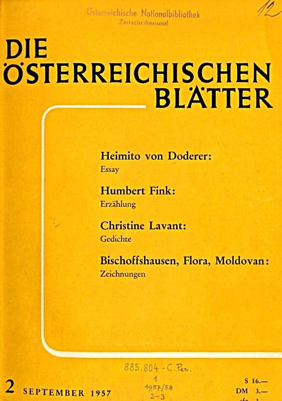 Kurt Absolon, Über den Avantgardismus, in: Paul Kruntorad, Paul, Die Österreichischen Blätter, Jg. 1, H. 2, Wien, September 1957, S. 31–35 (Cover)