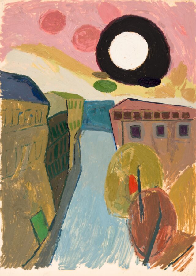 Kurt Absolon, Häuser mit schwarzer Sonne, um 1949, Privatbesitz, Wien