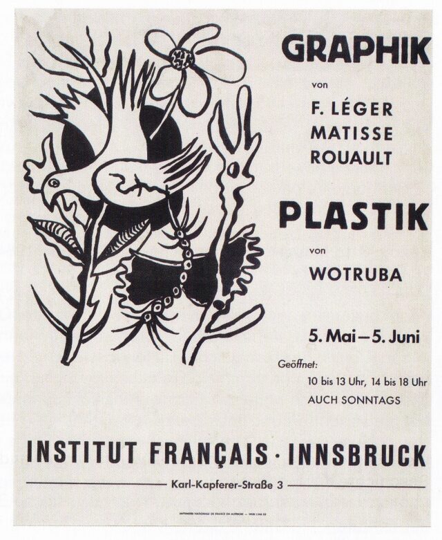 Graphik von F. Léger, Matisse, Rouault, Plastik von Wotruba, Ausstellungsplakat, Institut Français, Innsbruck, 1950