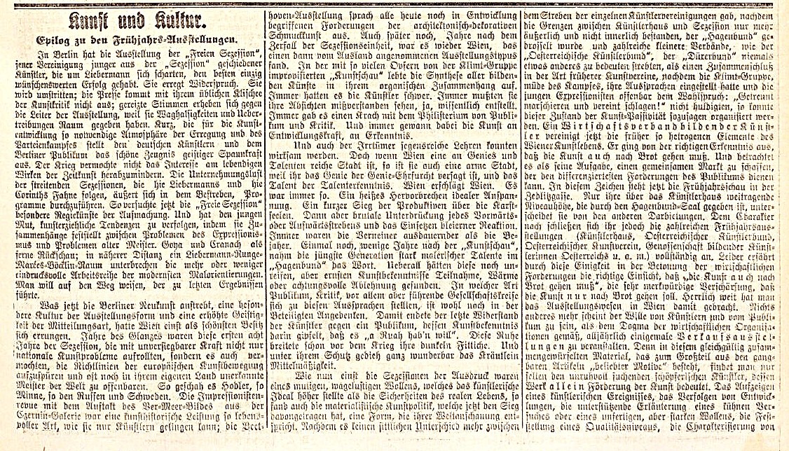 Bertha Zuckerkandl in der Wiener Allgemeinen Zeitung vom 26. April 1916