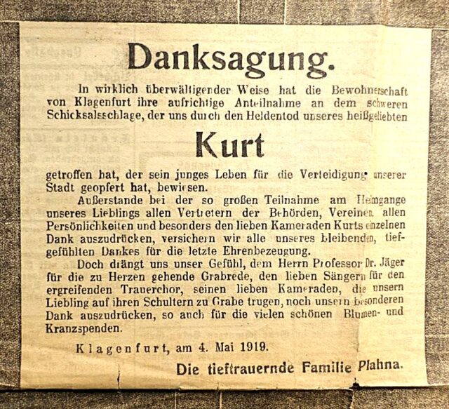Traueranzeige für Kurt Plahna, 4.5.1919