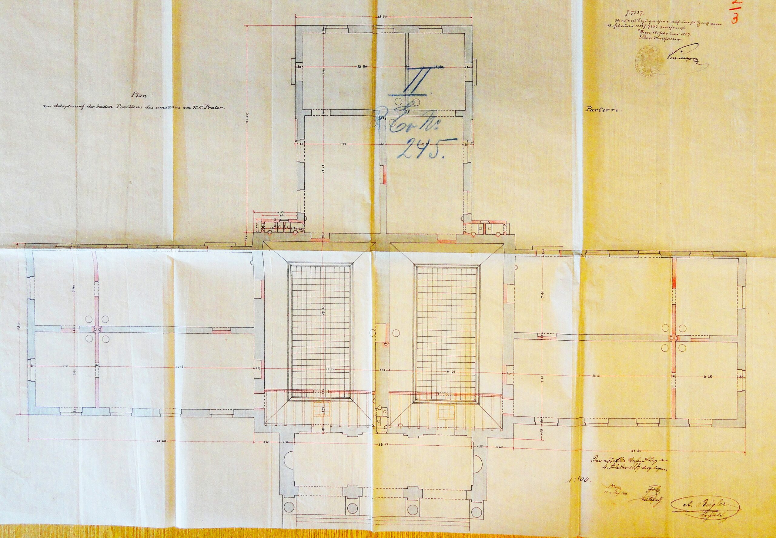 A. Bügler, Plan zur Adaptirung der beiden Pavillons des amateurs im k. k. Prater, Grundriss Parterre, 4. Februar 1878, Stadt Wien, MA 37, EZ 5723 EV 245 6003 