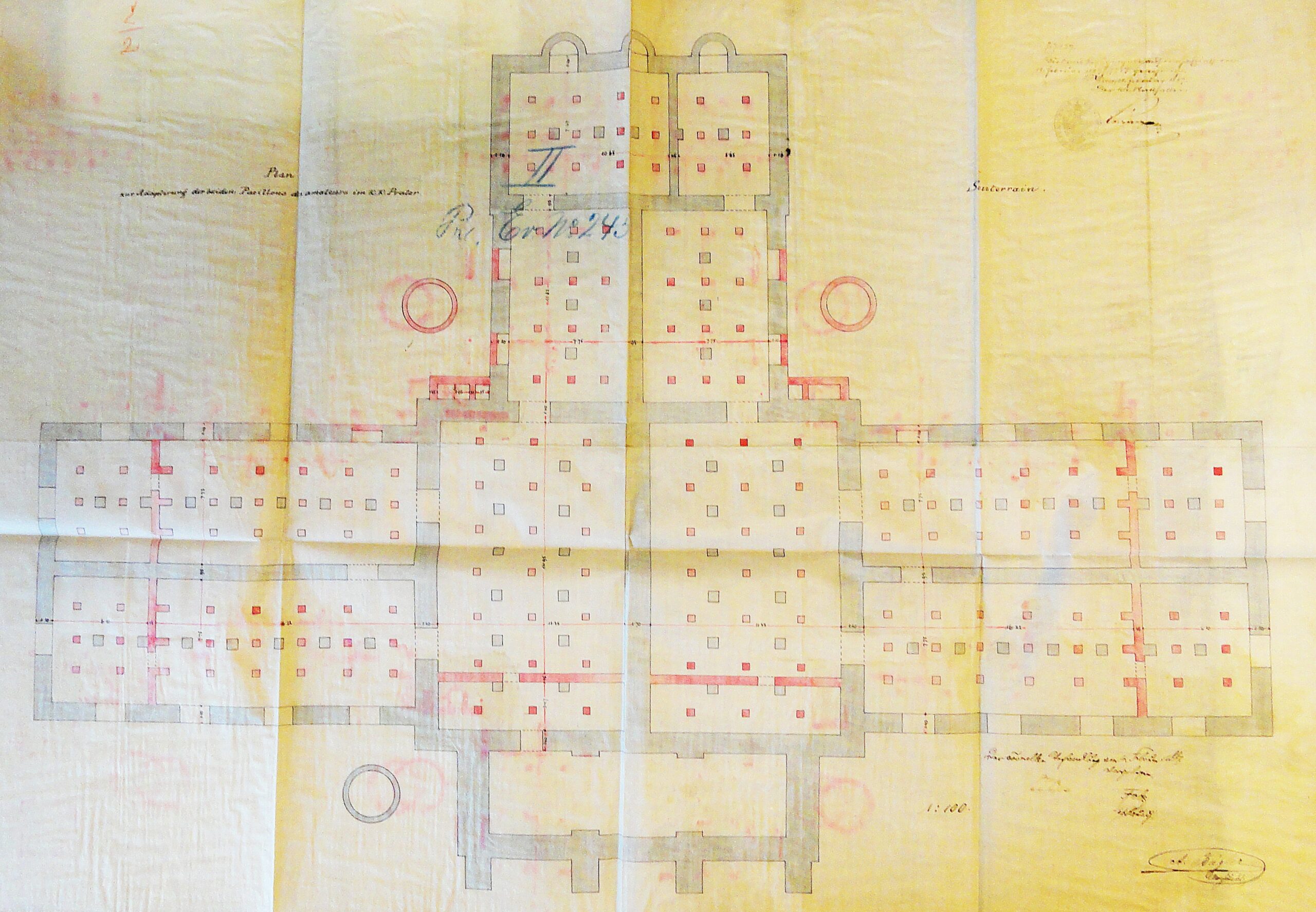 A. Bügler, Plan zur Adaptirung der beiden Pavillons des amateurs im k. k. Prater, Grundriss Souterrain, 4. Februar 1878, Stadt Wien, MA 37, EZ 5723 EV 245 6003 