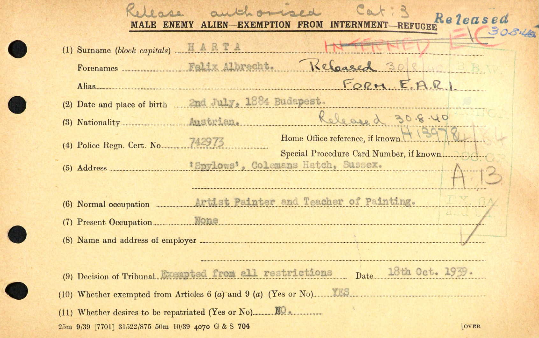 F. A. Harta's Internment Exemption Card
