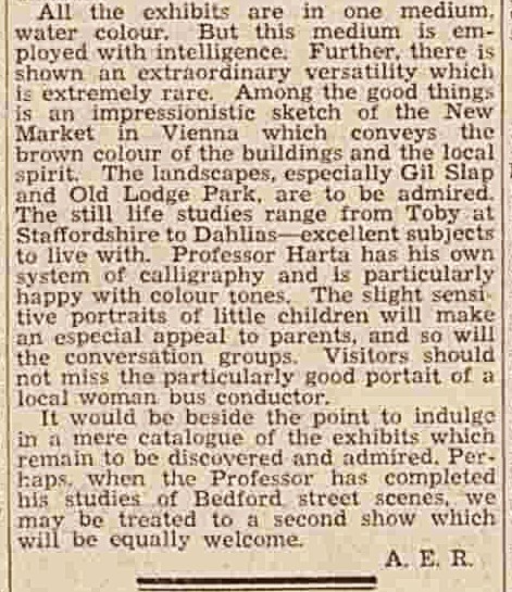 Ausschnitt aus der Besprechung von Hartas Ausstellung in Bedford von A. E. Richardson, The Bedfordshire Times, 23 May 1941