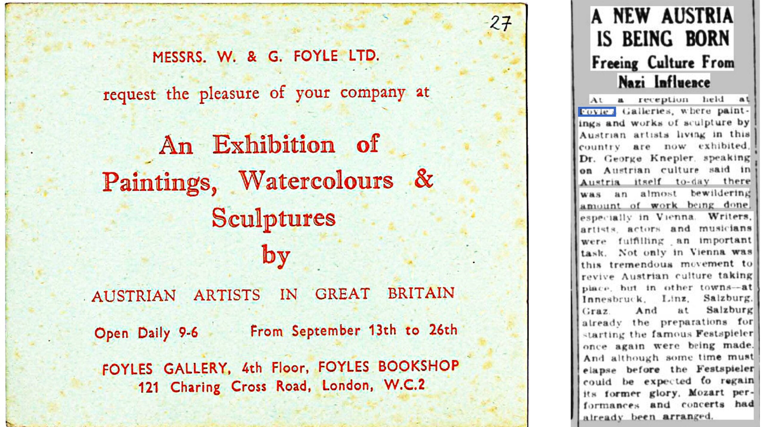 Ausstellung bei Foyles: Einladungskarte (Salzburg Museum) und Besprechung in den Westminster and Pimlico News, 28.9.1945