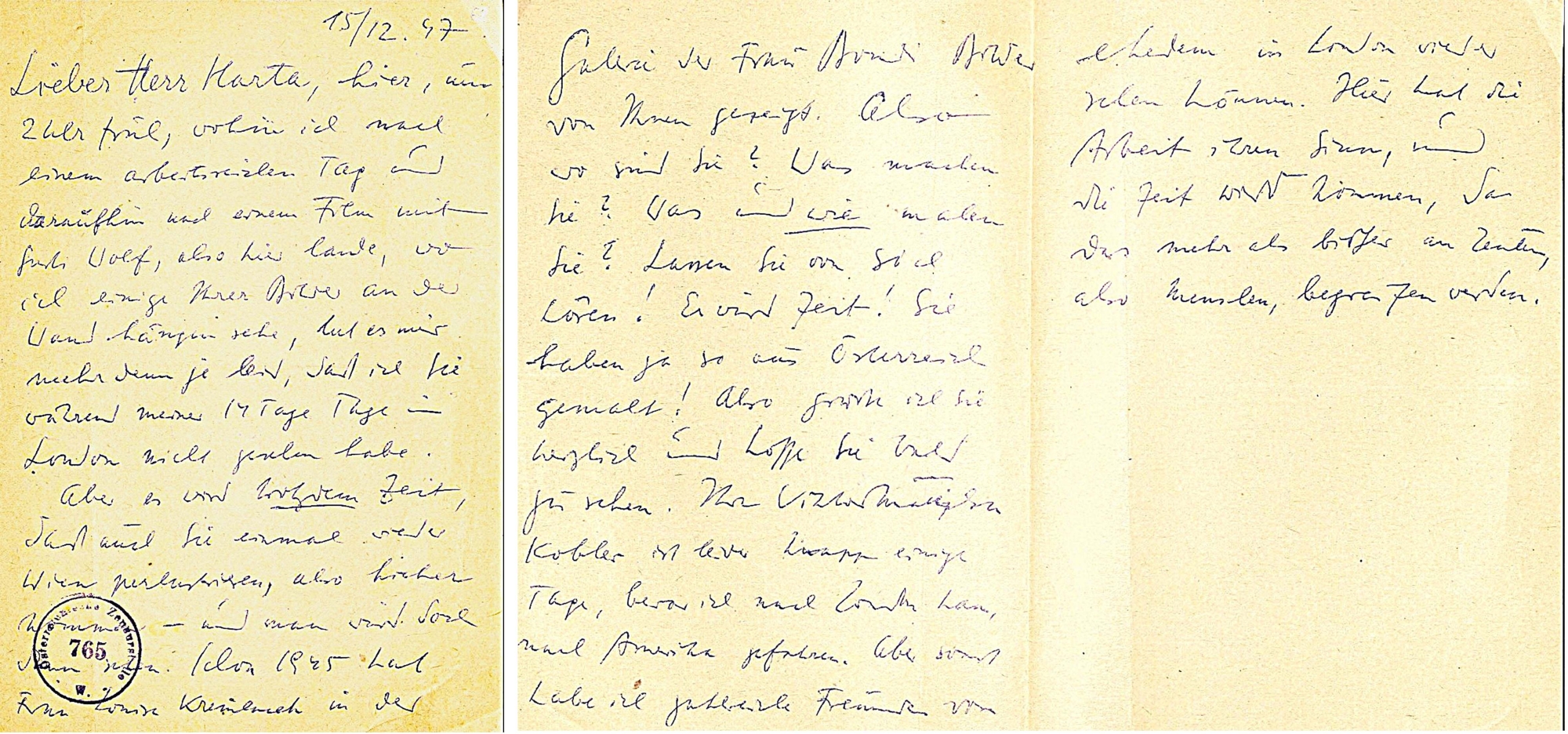 Brief eines unbekannten Ferundes aus Wien an F. A. Harta, 1947, Nachlass Harta, Salzburg Museum