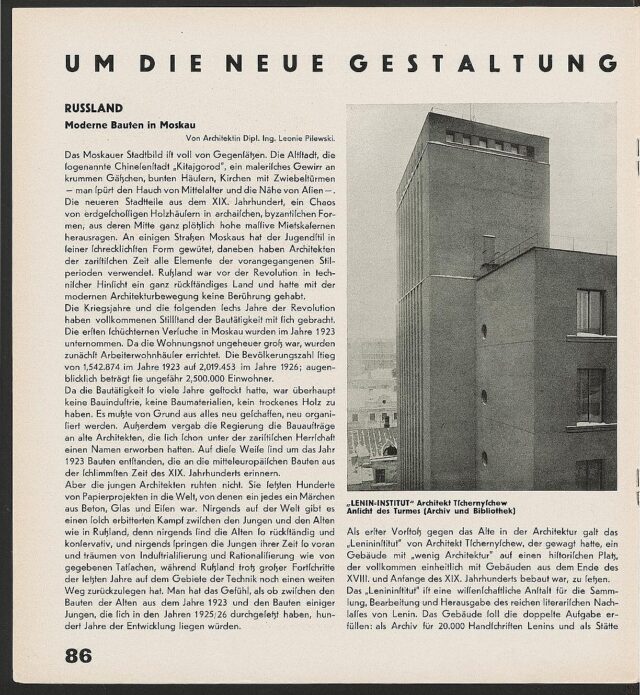 Leonie Pilewski, Moderne Bauten in Moskau. In Das neue Frankfurt, 2. Jahrgang 1928, S. 86–90
