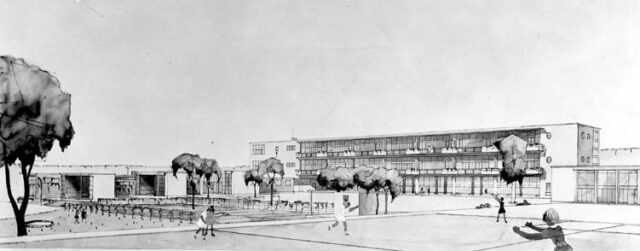 Pierre Forestier, Wilhelm Schütte, Margarete Schütte-Lihotzky und Tibor Weiner, Mädchenschule und Kindergarten, Paris-Bagneux, Wettbewerbsprojekt, 1937